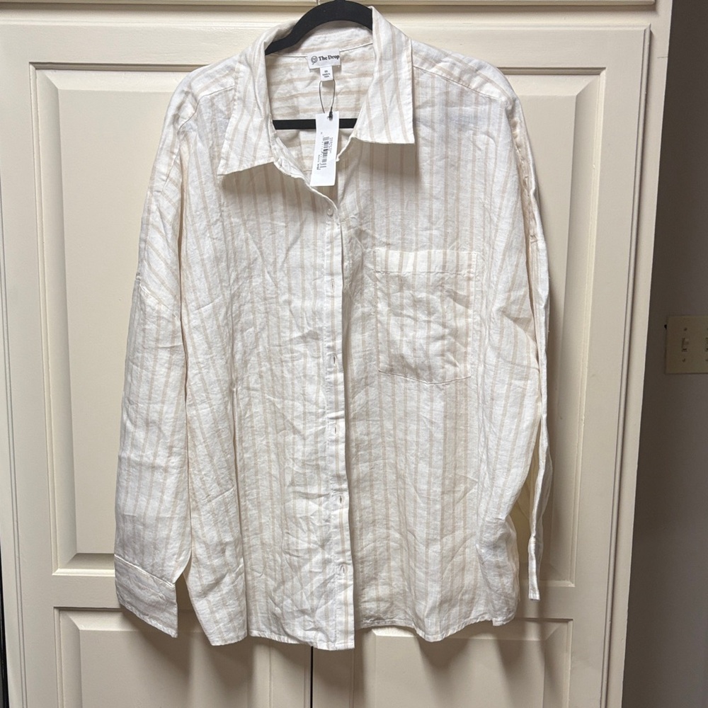 The Drop 2x oversized Cream Striped Casual Button Down Shirt
